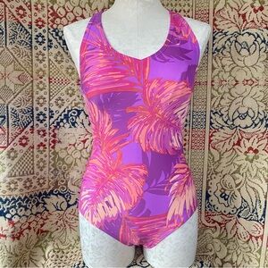 Speedo Swimsuit Bathing Swim Suit Tropical Floral Pink Purple Criss Cross 8
